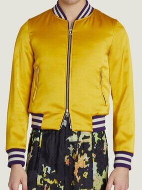 Dries Van Noten Men's Yellow Vaksel Satin Bomber Jacket Size S